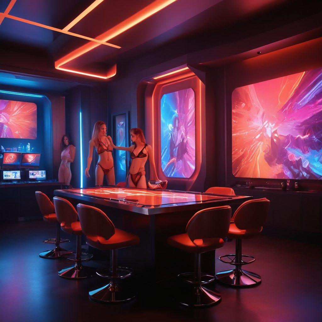 A dynamic and artistic view of a modern adult film set, featuring diverse actors in a creative brainstorming session, illuminated by dramatic lighting. Include advanced filming equipment and vibrant color palettes to portray innovation in the industry. The background hints at a futuristic ambiance, symbolizing the evolution of adult entertainment. super-realistic. vibrant colors. dynamic lighting.